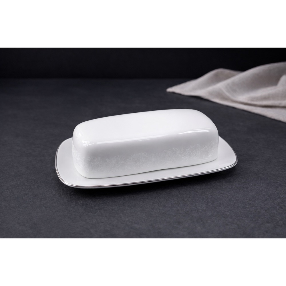 Crown Victoria Lovelace Fine China Butter Dish Vintage‎ White Silver Trim Japan
